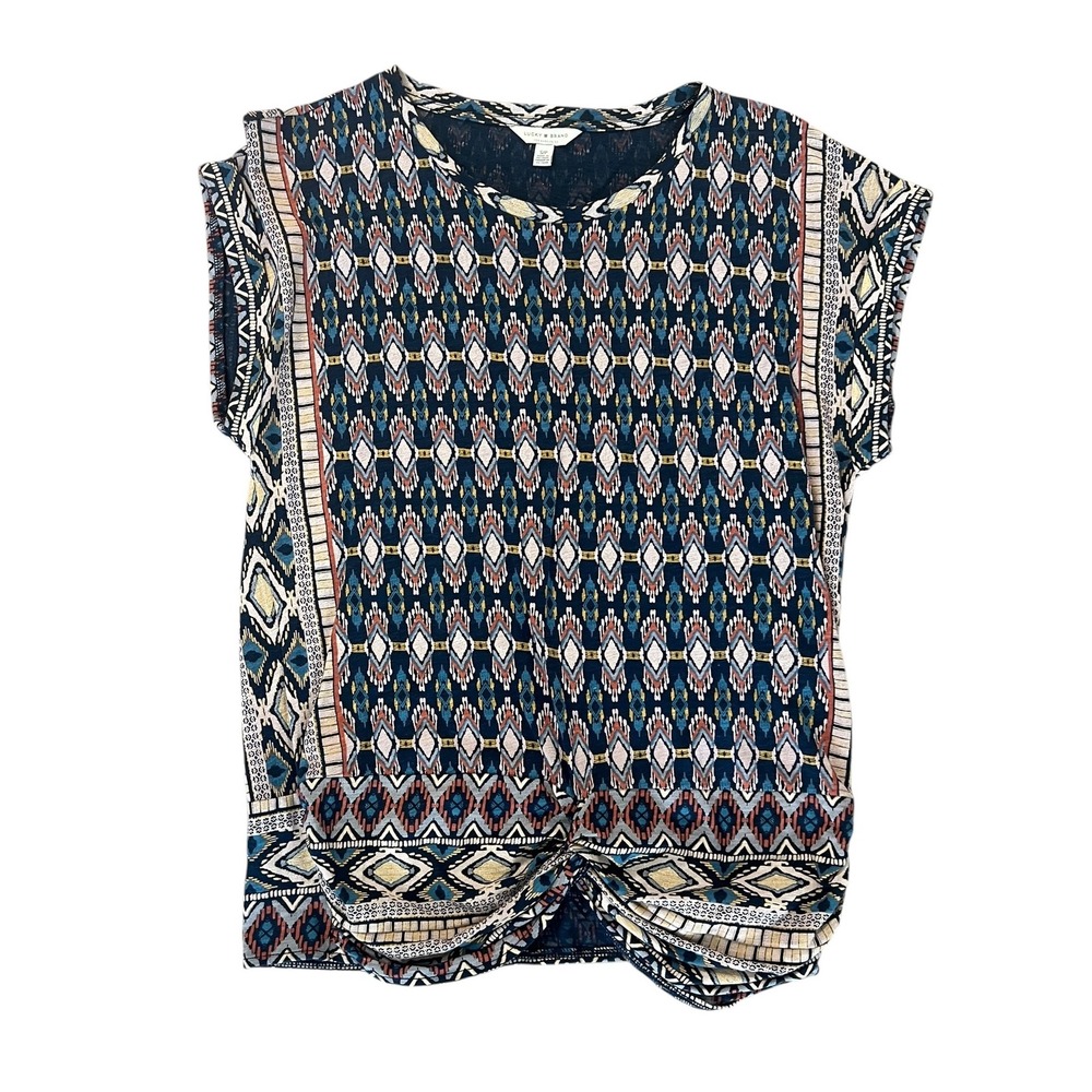 Lucky Brand Print Top - Geometric, Knotted, Cap‎ Sleeve - Size S